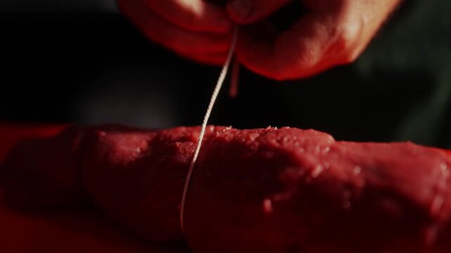 Chef ties butcher's twine around a large cut of raw beef in a kitchen