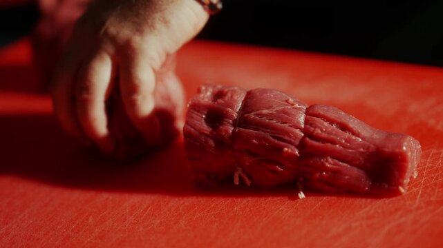 Hands tie twine around a cut of raw meat on a red cutting board
