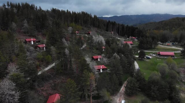 Aerial view of Livaditis, a high-altitude mountain village in the Xanthi Region of Eastern Macedonia and Thrace, Greece, showing red-roofed houses scattered among dense conifer forest.