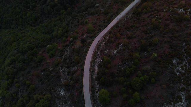 A curved asphalt road cuts through dense forested mountain slopes with mixed vegetation and rocky outcrops. The camera maintains a static overhead top-down perspective capturing the road's serpentine.