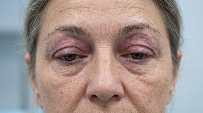 Front View Close Up of Senior Woman Face Showing Heliotrope Rash Swollen Eyelids Dermatomyositis Symptom