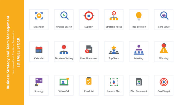 Business strategy and team management icon set &ndash; editable color vector symbols of goal, planning, team, leadership, checklist and presentation
