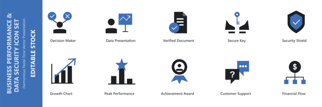 Business performance and data security icon set &ndash; editable color vector symbols of analytics, decision making, award, verified document, privacy, and chart