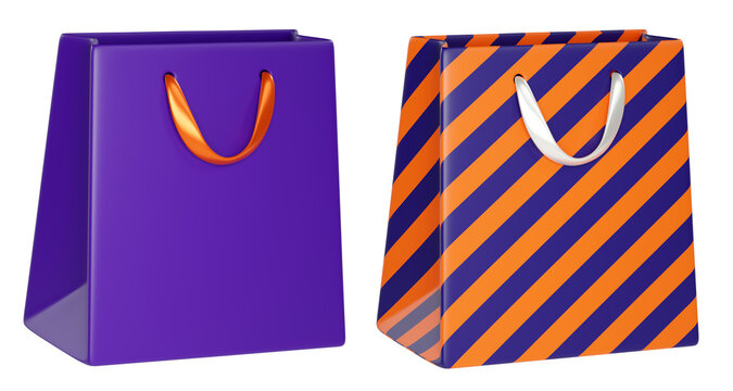 3D Cartoon purple Shopping Bag with orange handles and striped bag, isolated on background. Ideal for Halloween, ecommerce, gifts, fashion, and branding.
