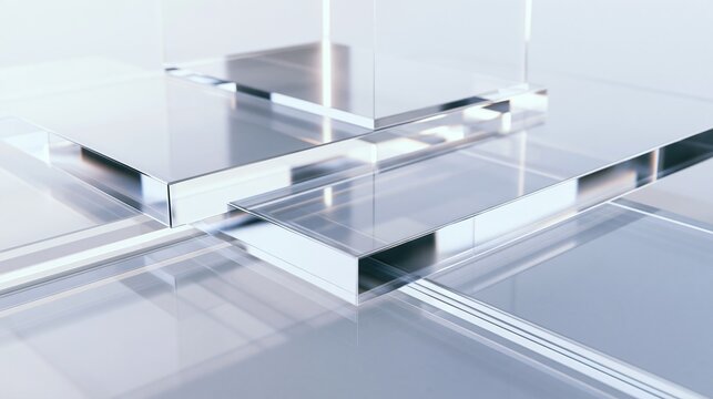 Abstract 3D composition of overlapping transparent clear glass rectangular panels on soft light background, modern minimalist geometric design concept