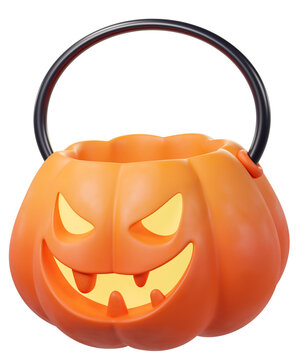 3D Cartoon jack-o-lantern Pumpkin Bucket Isolated. Perfect for Halloween trick-or-treating, parties.
