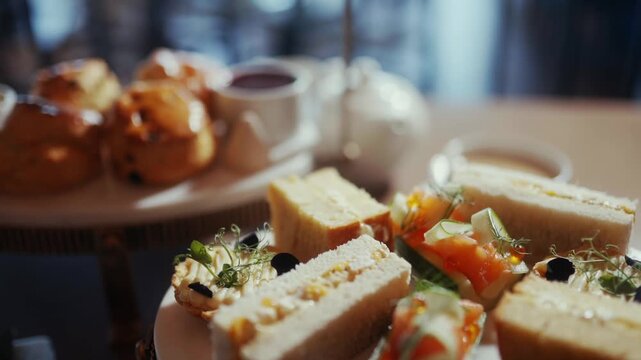Elegant afternoon tea spread with scones, sandwiches, and delicate pastries