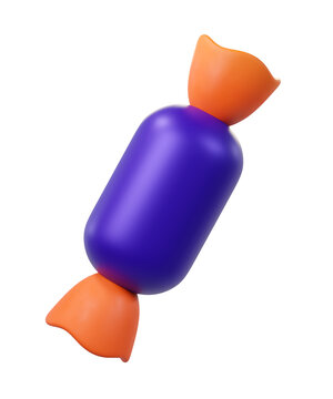 3D Cartoon Purple and Orange Wrapped Candy Isolated. Playful, festive decor for parties, Halloween.
