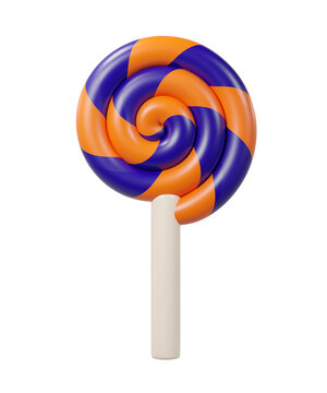 3D Cartoon Orange and Purple Swirl Lollipop, glossy candy prop for parties, Halloween.
