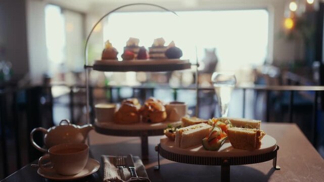 Elegant afternoon tea service set on a dark wooden table