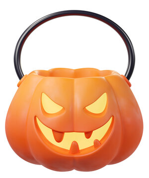 3D Cartoon jack-o-lantern Pumpkin Bucket Isolated. Perfect for Halloween trick-or-treating, parties.
