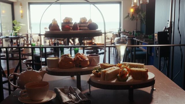 Elegant afternoon tea set displayed on tiered stands in a hotel
