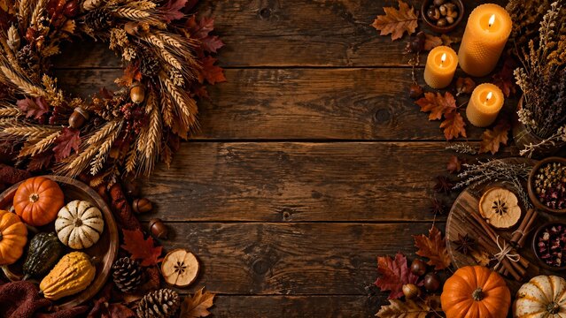 Autumn Equinox Mabon Harvest Celebration Rustic Wreath with Seasonal Produce and Candles