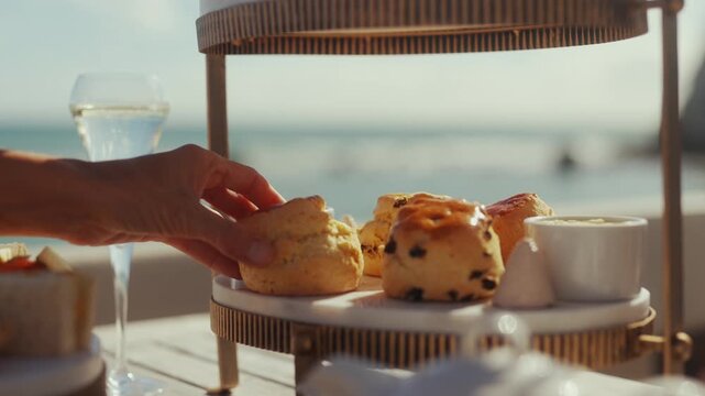 Hand reaches for a scone on a tiered afternoon tea tray by the sea