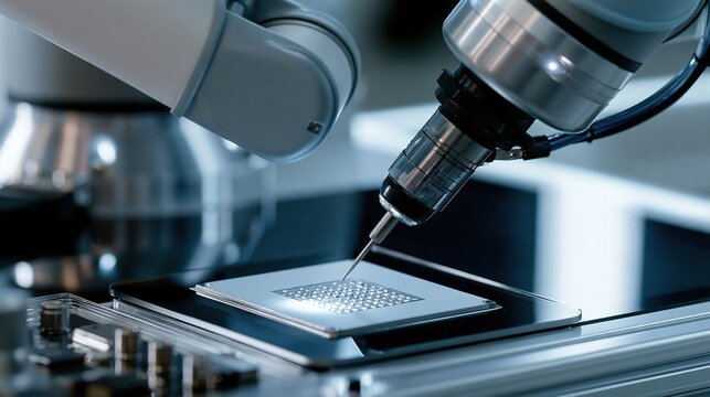 Close-up of advanced industrial robotic arm with precision needle working on micro sample in modern research laboratory, automation of biotech scientific research