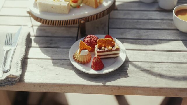 Assorted pastries and sandwiches arranged on a wooden table