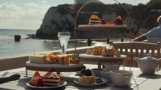 Elegant afternoon tea set on a table with a coastal view