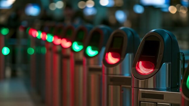 Modern ticket barrier gate with glowing status lights isolated on transparent background. Ideal for secure access control and public transport technology concepts.