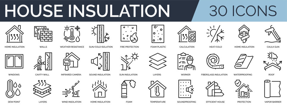 Set of 30 outline icons related to house insulation. Linear icon collection. Editable stroke. Vector illustration