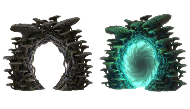 Mystical Mushroom Portal Archway with Swirling Energy
