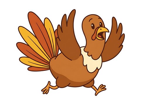 Cartoon illustration of a funny brown turkey running with open wings