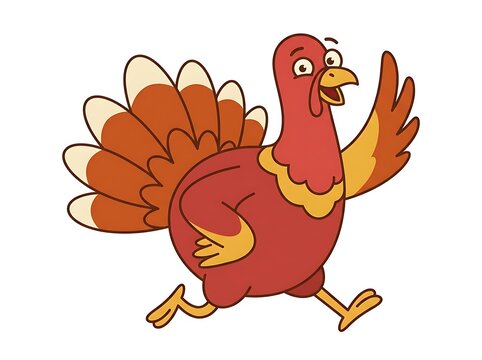 Funny cartoon turkey bird running happily isolated on a white background