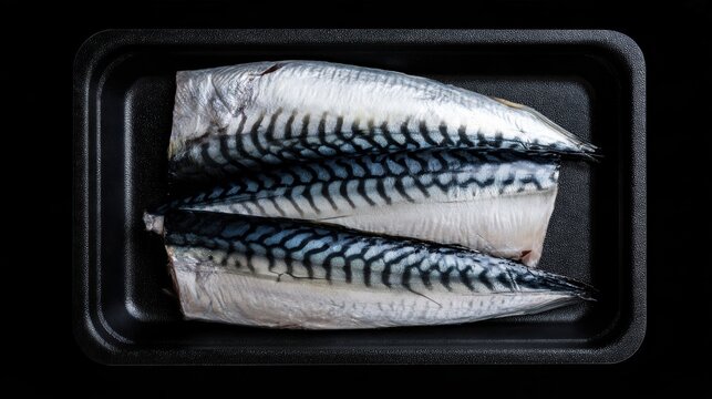 Mackerel Pack Two raw mackerel fish fillets placed in a black foam tray against a black background.