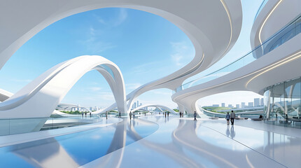 Fototapeta premium Futuristic architectural design featuring sweeping white curves and glass structures creating a bright airy atmosphere in a modern urban space under clear blue summer skies