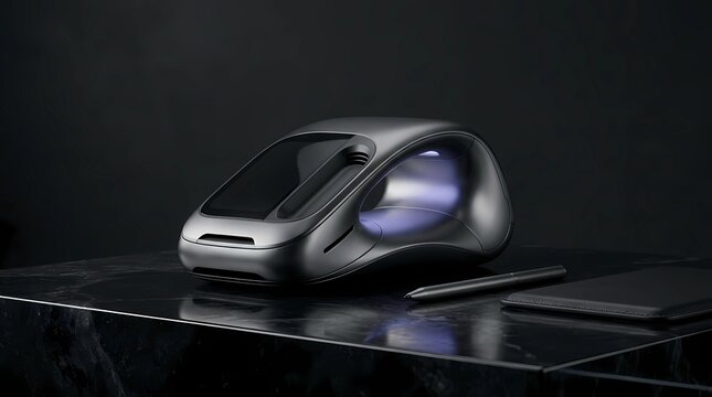 Modern ergonomic computer mouse with glowing blue light on a dark reflective desk
