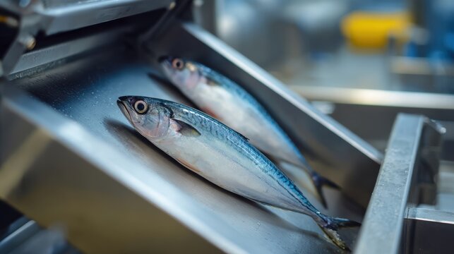 Mackerel Pack Two fresh fish on a conveyor belt, likely part of a fish processing or packaging line.