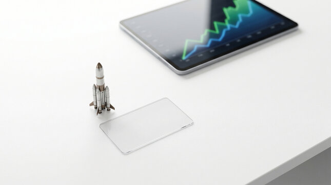 Flat lay of transparent card and model rocket on white desk.