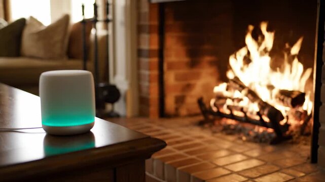 Smart speaker with blue light near a cozy fireplace.