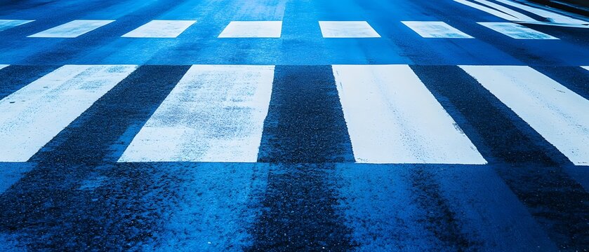 Zebra crosswalk close-up on textured asphalt with blue lighting