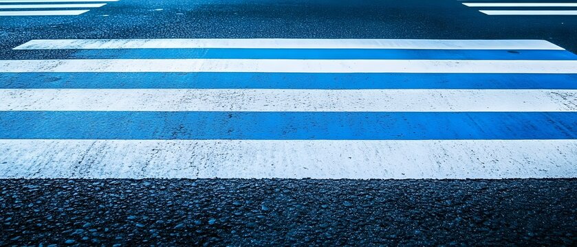 Pedestrian crosswalk stripes on asphalt, low-angle close-up