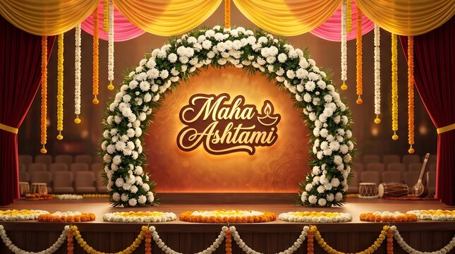 Maha Ashtami Navratri Background with Floral Arch Decoration
