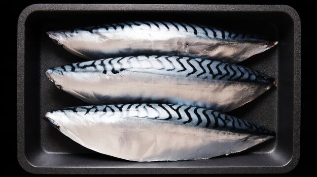 Mackerel Pack Three fresh mackerel fish displayed in a black tray, ready for cooking or sale.
