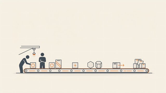 People working on an assembly line with boxes moving along a conveyor belt system illustration with geometric shapes motorized workers process