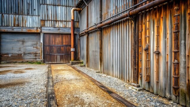 Rustic Industrial Pathway Leading to Aged Wooden Door and Corrugated Metal Walls
