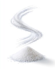 Fototapeta premium A pile of white granulated salt with a flowing stream of salt pouring down in a smooth curve on a white background.