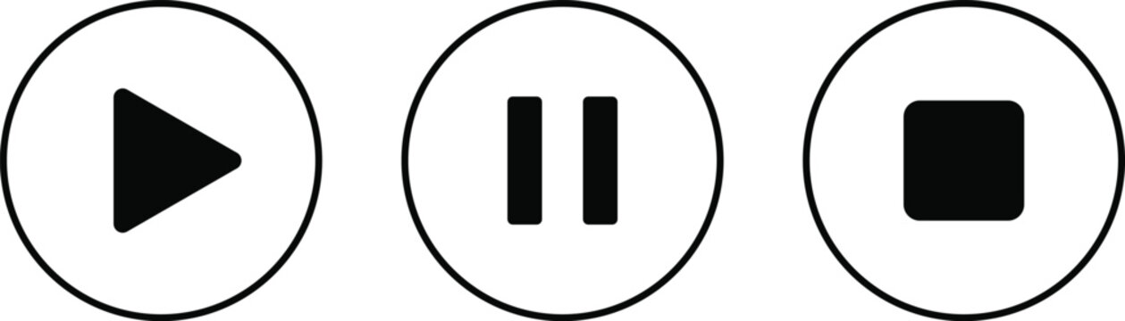 play pause and stop media vector icon set. playback controls and audio video player symbols