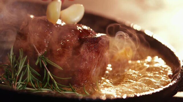 Roasted lamb shank with rosemary and garlic in a cast iron pan
