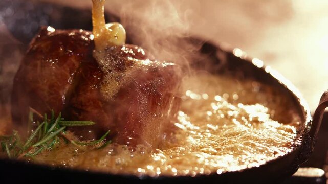 Roasted pork knuckle in a pan with rosemary and a rich sauce