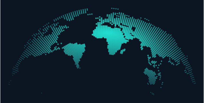 Curved world map in glowing cyan neon dotted line style on dark navy background for global cyber security monitoring and futuristic big data server visualization