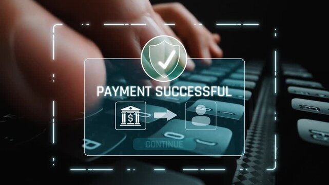 Successful transaction message showing secure payment. Payment confirmed, secured, payment processed, and payment completed with trust and transaction integrity. Marrow