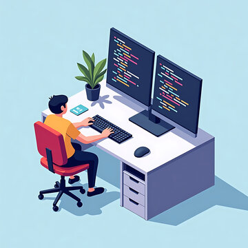 Developer working on code on dual monitors at a clean white desk, isometric view with plants.