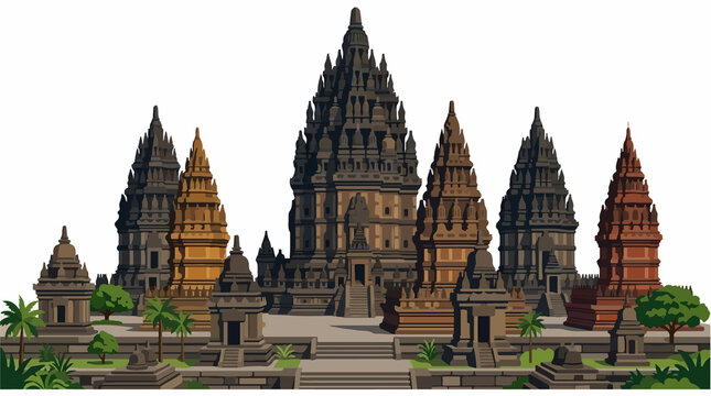 Prambanan Temple Complex Isolated on White Background.