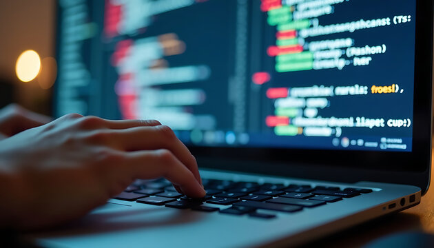Close up of hands typing code on a laptop keyboard in low light, screen glow.