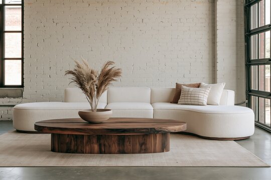 Industrial loft living room with whitewashed brick wall, cream sectional, and walnut coffee table