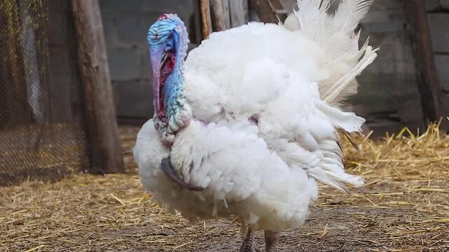 Large White Domestic Turkey Standing in a Barnyard with Straw