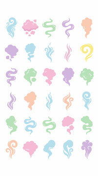 Collection of colorful hand drawn smoke and steam icons.